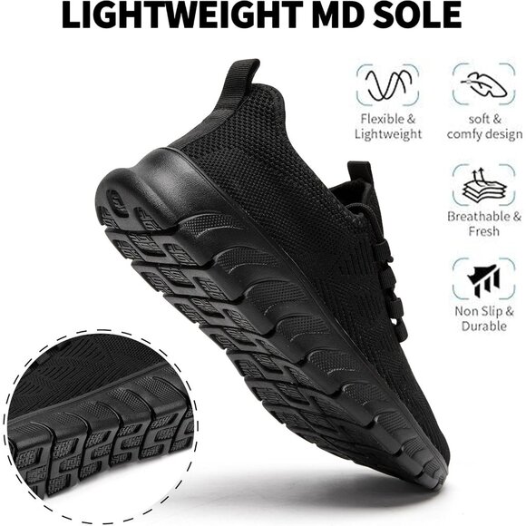 Women Black Running Tennis Walking Shoes Lightweight Slip On Workout Sneakers - Picture 2 of 7